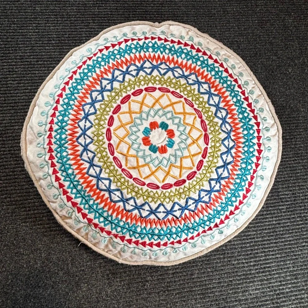 Boho Embroidered Round Mandala Throw Pillow Cream Multi Color 17 Inch Accent